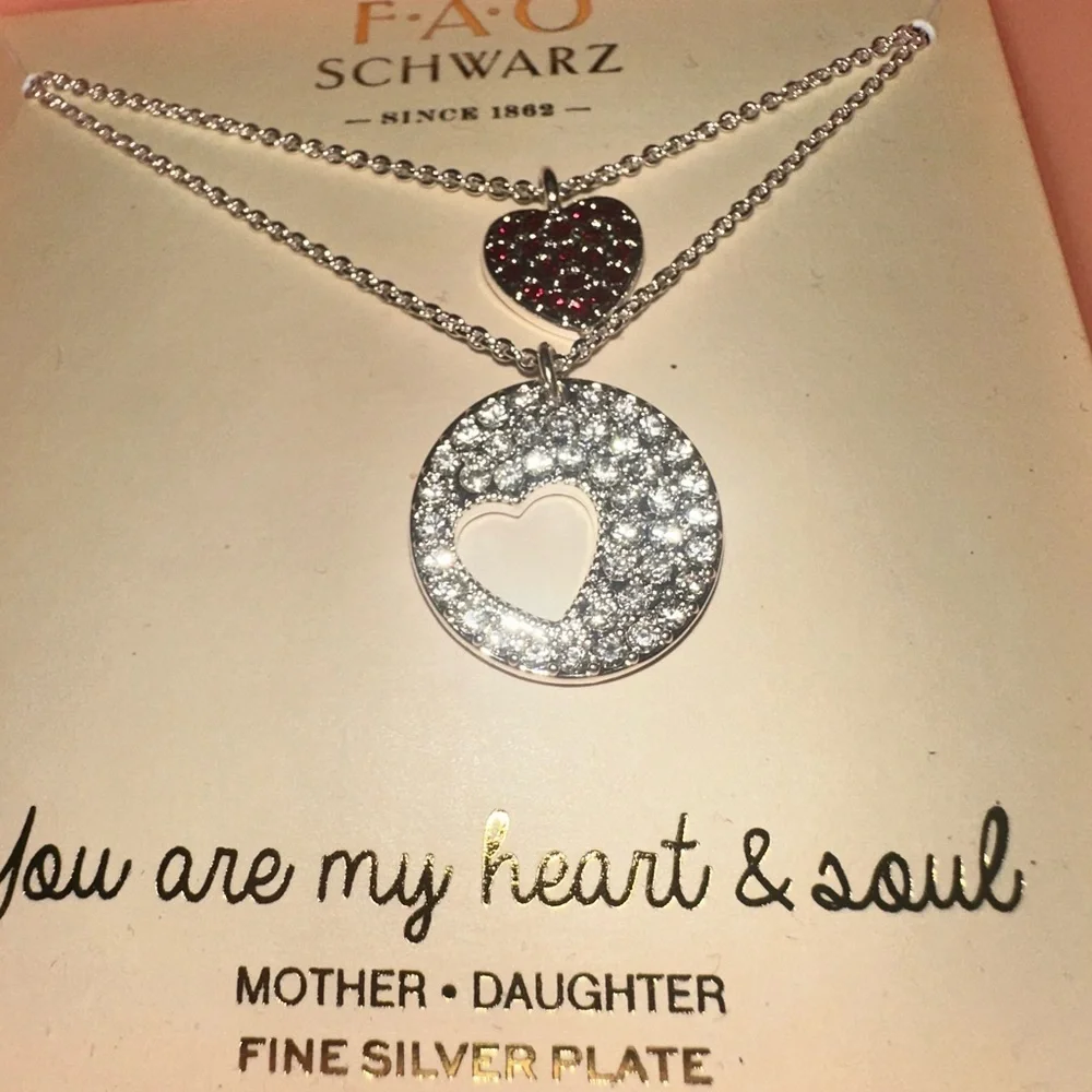 FAO Schwarz Silver Heart Mother Daughter Gift Necklace Set